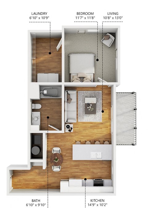 Floor plan for 1 bed, 1 bath, 673 sqft